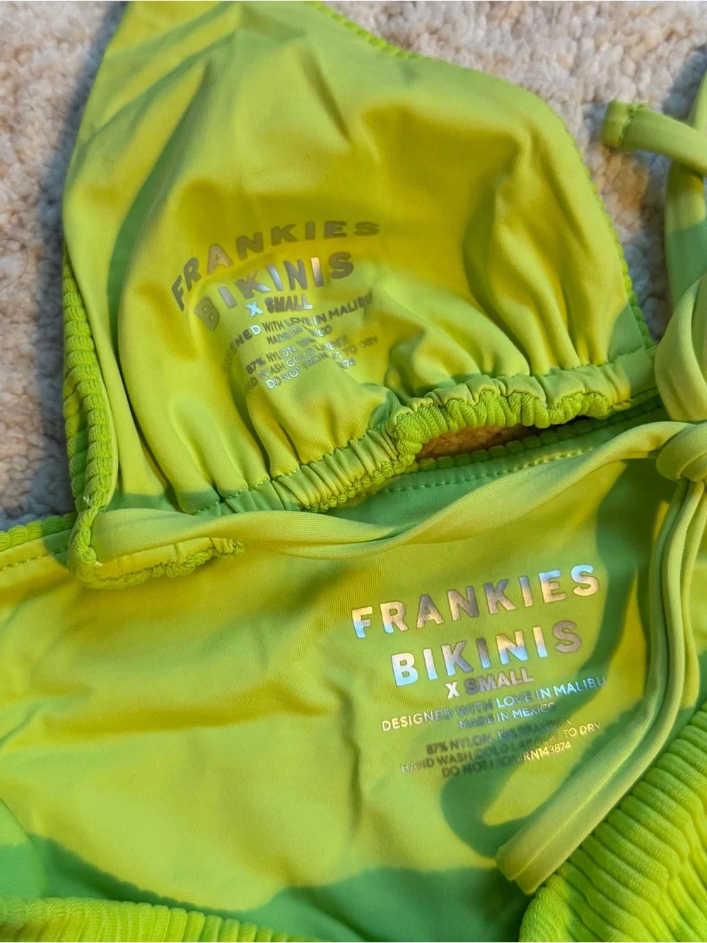 Frankie's Bikinis Neon Lime Sky Ribbed High-Waist Triangle Bikini Set (XS)